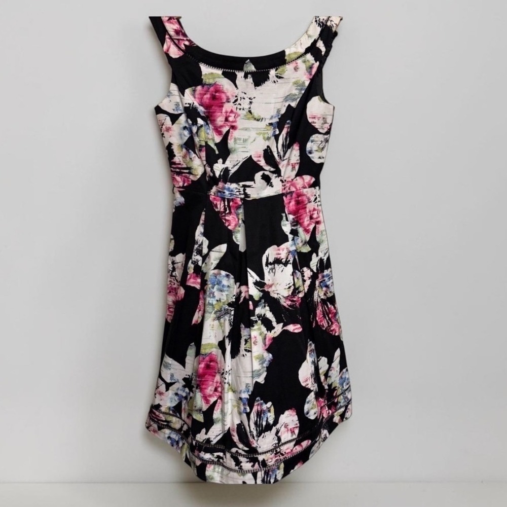 White House Black Market Floral Fit and Flare Dress Black Pink Blue Size 00 WHBM